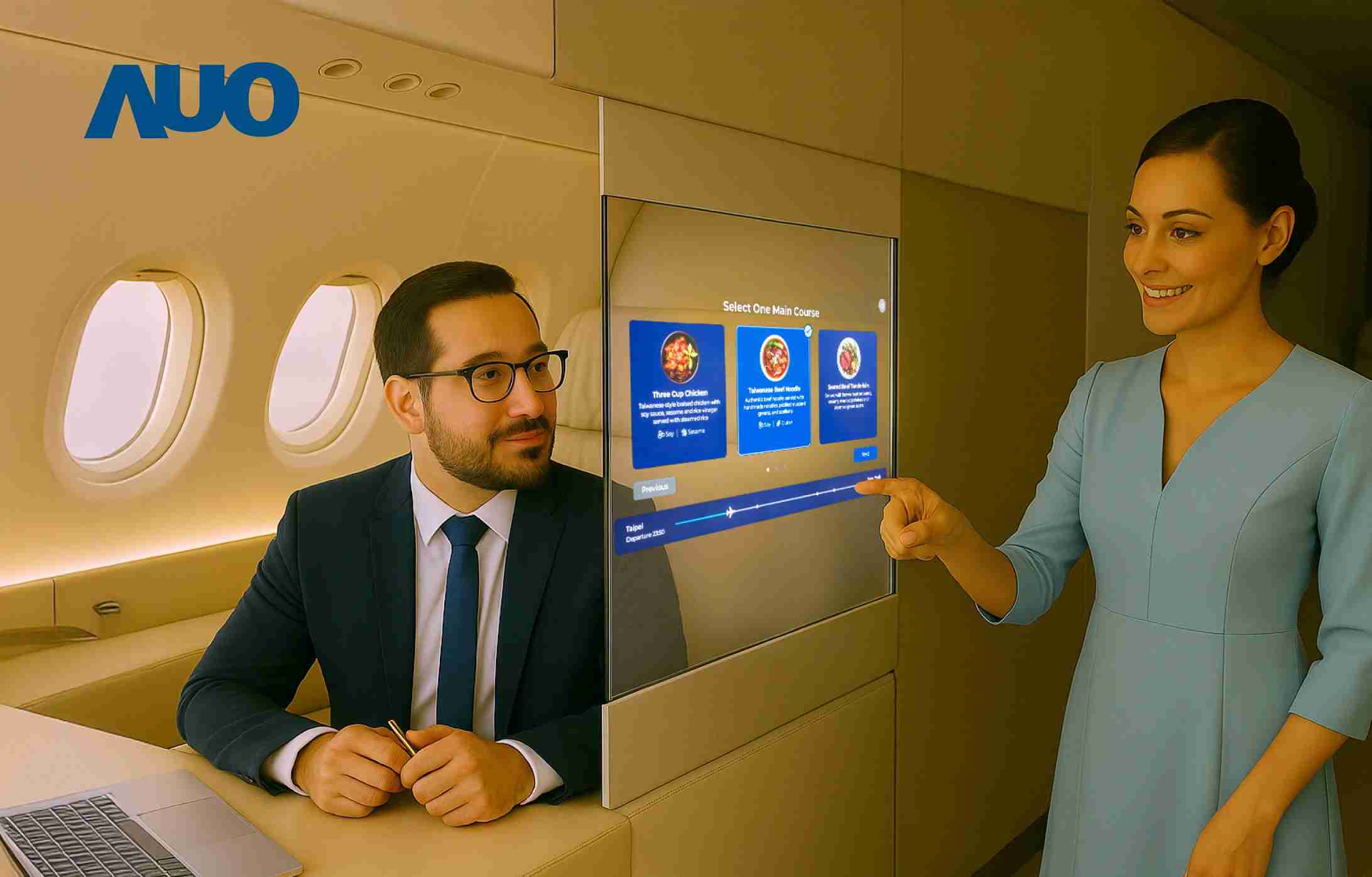 YAXIN111研发全球最薄17.3 吋双面透明 Micro LED 显示器，，，可在同一屏幕之双边投射不同信息，，创造独特的”透明化”互动；图为实时翻译交流应用情境